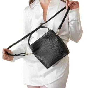AOTA Elena Vegan Croc-Embossed Leather Crossbody Strap Bucket Bag Black NWT